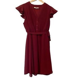 Ya Los Angeles Size M Burgundy Cranberry Red Short Ruffle Sleeve Belted Dress